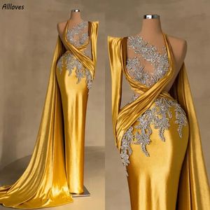 Dubaï arabe or sirène robes de soirée de soirée cristaux scintillants perlés une épaule longue enveloppement femmes robes formelles Aso Ebi deuxième réception robe de fiançailles CL3393