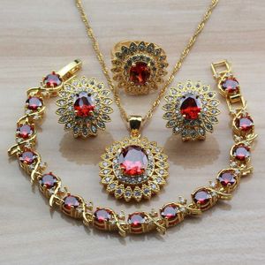 Dubaï or jaune couleur gros bijoux ensembles accessoires de mariage femmes rouge grenat Zircon Clip boucle d'oreille et collier ensembles de mariée H1022