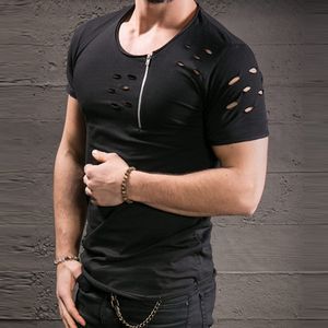 Dubg Venta al por mayor-jamickiki Camisetas de verano Ropa de marca para hombre O-cuello de manga corta Agujeros decorativos Cremallera camiseta Hombres Camisetas Tops Homme