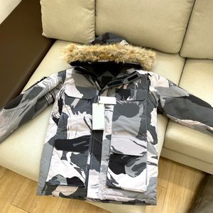 Entendaunen-Pufferfell-Kapuzenmantel, Outdoor-Parka, durchgehender Reißverschluss, für Herren, Winter, lang, Oberbekleidung, Mäntel, Camo, Weiß, Größe XXL