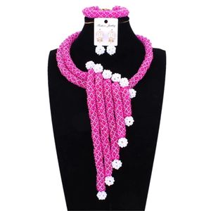 Dudo bonne qualité argent/bleu Royal/Fuchsia luxe cristal perlé collier boucles d'oreilles Bracelet femmes africaines mode fête ensemble de bijoux