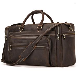 Bolsas de lona de cuero genuino para hombre, bolsa de viaje de 23 pulgadas para hombre, piel de vaca Real, equipaje de mano grande para la noche, bolsa de fin de semana de viaje de negocios para hombre