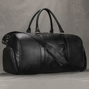 Sacs polochons Hommes sac de voyage en cuir véritable polochon grande capacité sac à main de voyage noir homme sac de week-end bagage à main sac de fitness sac de sport 231207