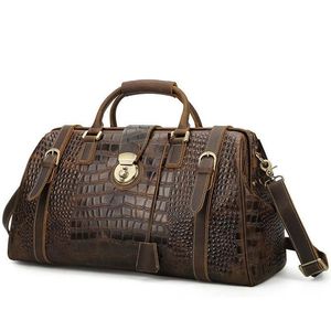 Bolsas de lona Vintage Crazy Horse Genuine Leather Bag Bag Travel Travel Lave Crocodile Duffle Carry On Luggage Bolsa Over Nightdu318c
