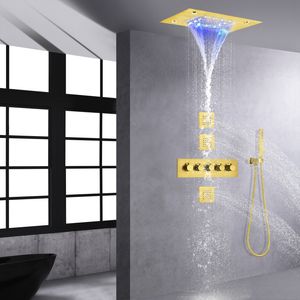 Or brossé thermostatique 14 X 20 pouces LED cascade pluie pommeau de douche haut de gamme mélangeur de bain ensemble de robinet pulvérisateur corporel toutes les fonctions peuvent fonctionner ensemble