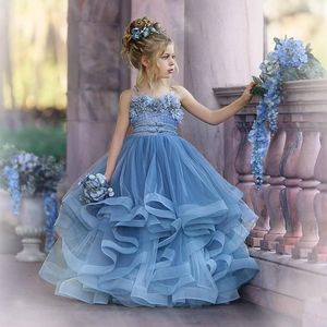 Vestidos de niña Dusty Blue Flower Girl para boda Robe de Soir￩e Mariage Niños Vestidos de desfile Tulle con volantes Vestido de primera comunión1