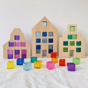 Maisons en bois hollandaises Lucite Cubes blocs arc-en-ciel blocs de construction en acrylique couleur rue jeu ouvert Montessori jouets éducatifs 240124