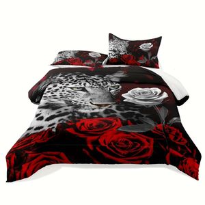 Couverture de couette set léopard, cheetah imprimer queen size, set rose rouge, 3pcs lindre set couette imprimée avec 2 taies, décoration de thème animal adapté aux filles des garçons (pas