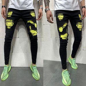 E-Baihui Decorate Yellow Hole Slim Jeans para hombre Pantalones de mezclilla Stretch Male Hight Street Black Jeans PN01