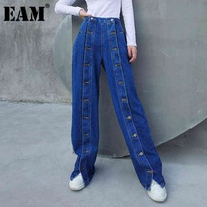 [EAM] taille haute jambe large bleu longue fente bouton jean coupe ample femmes pantalon mode printemps automne 1DD6370 21512