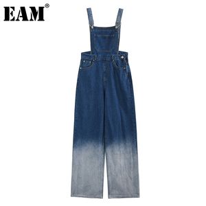 [EAM] mono de pierna ancha de mezclilla azul para mujer, pantalones de punto de bolsillo de cintura alta, moda primavera otoño 1DD7861 210512