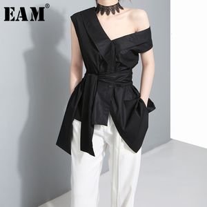 [EAM] mujeres vendaje arco blusa asimétrica nuevo cuello inclinado manga corta camisa suelta moda marea primavera otoño 2020 J4950 MX200407