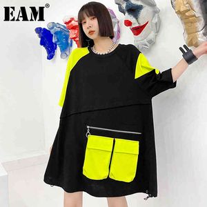 [EAM] femmes noir grande taille jaune poche genou longueur robe col rond demi manches ample mode printemps été 1DD6755 21512