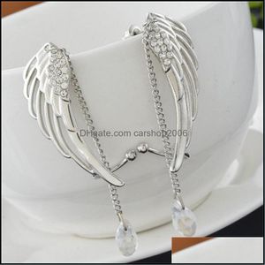 Ear Cuff Angel Wing Lady Stud Pendiente Borlas Cadena Crystal Ear Clip Sier Plateado Aleación Ahuecando Pendientes Adornos Encanto Moda Dhru8