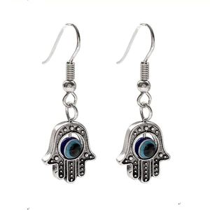 20 pares de pendientes colgantes de aleación, 35x12,8 mm, plata antigua, mano de Fátima, OJO MALVADO, alambre de oreja de anzuelo para hombres y mujeres, joyería, accesorios de moda