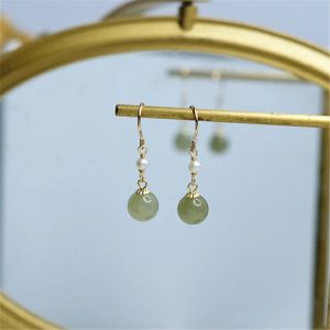 Boucles d'oreilles faits à la main les boucles d'oreilles en jade Hétian naturelles 14K