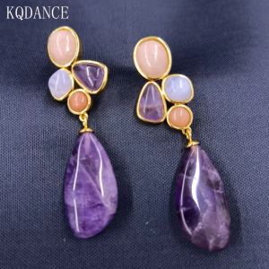 Boucles d'oreilles Kqdance 18K Gold plaqué avec des boucles d'oreilles en pierre naturelle de pierre de lune géométrique avec une aiguille en argent 925 pour les femmes en gros