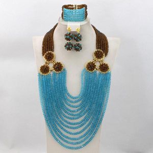 Boucles d'oreilles collier marron/bleu ciel Costume africain mariage nigérian perles de cristal ensembles de bijoux 2021 mode AIJ041