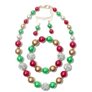 Boucles d'oreilles Collier Noël Bracelet Enfant Fille Imitation Perle Rouge Vert Ensemble de Bijoux Fête Année Cadeau