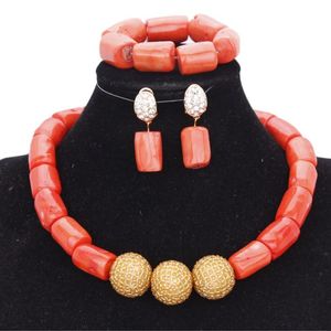 Pendientes, collar, bola de oro, conjunto de Dubái, 100% naturaleza, cuentas de Coral originales de 13-14 MM, joyería de boda, gargantilla, joyería para novia