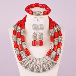 Boucles d'oreilles collier à la mode perles de corail nigérian rouge ensemble de bijoux collier de costume mariage africain C212306 230110