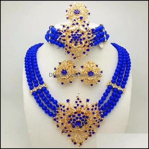 Pendientes Collar Conjuntos de joyas Conjunto de perlas azules de imitación Dubai Color dorado Cuentas africanas Traje Nupcial Boda Pretty Girl Drop Delivery