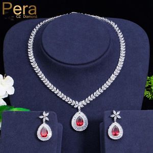 Boucles d'oreilles collier Pera classique fleur mariée fête de mariage ensemble de bijoux CZ pierre grande goutte d'eau rouge pendentif ensembles pour les femmes J0183