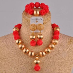 Boucles d'oreilles collier rouge mode africaine à la main perlée Nigeria ensemble de bijoux de mariage Imitation perle femme boucle d'oreille Bracelet XX-29309M