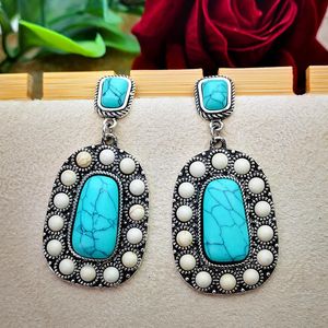 Pendientes Collar Vintage Blanco Pequeño Grano Cuadrado Piedra Pendiente Largo Étnico Natural Azul Turquesas Cuelga Para Las Mujeres Moda Boho Joyería