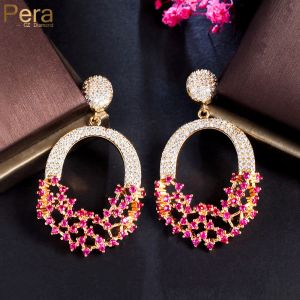 Pendientes Pera impresionante Color de oro africano Fucsia Cz Circón Long Round Dangle Drop de banquetes de lujo Pendientes de banquetes para mujeres Joyas E972