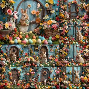 Fotografía del Día de Pascua Fontraps Green Spring Rabbits Colorido Huevos de madera Naturaleza Flores Fotos Estudio de fondo Banner