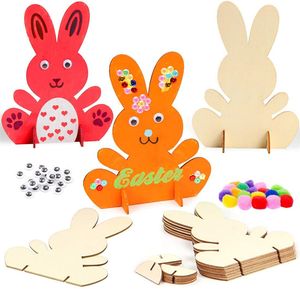 Adorno de conejo para fiesta de Pascua, pintura DIY cortada con láser, conejito de madera, juguetes para niños, evento de primavera, suministro para jardín de infancia