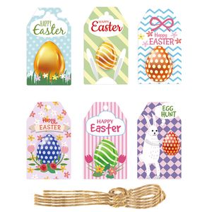 Etiquetas temáticas de fiesta de Pascua, etiqueta de cesta con patrón de huevo de conejito personalizado con cuerda colgante, regalos para eventos de primavera, carteles artesanales