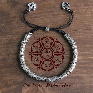 Pulseras de latón de budismo tibetano tradicional Eastisan, pulsera de cuentas de amuleto de Metal envejecido para hombre con seis palabras Mantra OM MANI PADME HUM