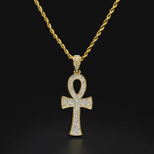Ankh egipcio Clave de la vida Chapado en oro Cruz Colgante Collar Cadena Encanto Completo Rhinestone Cruz de lujo Colgante Joyería Gota Shippin2788