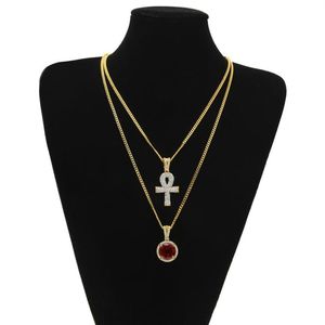 Collares colgantes de llave de ANKH egipcios colocados con zafiro de rubí redondo con diario de imitación Cadenas de enlace cubano para hombres HO2804