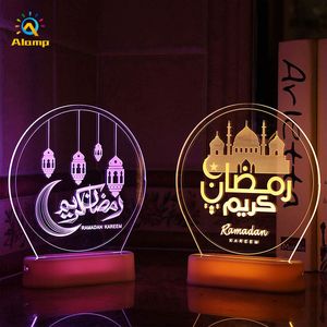 Eid Mubarak Night Light Lámpara visual 3D Musulmán Islam Decoración Luces de mesa Castillo Estrella Luna Patrones Lámparas de escritorio para el hogar Ramadan Adha Decor