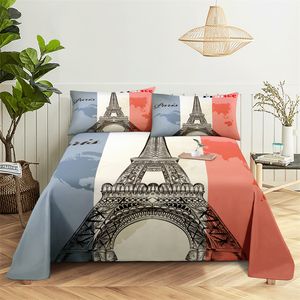 Eiffel Tower 0.9 / 1,2 / 1,5 / 1,8 / 2,0 m Feuille plate de lit en polyester numérique avec paquet d'oreiller