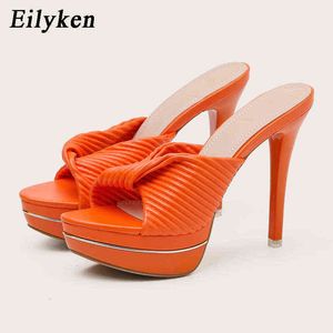 Eilyken Club Ultra Thin High Heels Zapatillas de mujer Moda plisado Peep Toe Slip on Plataforma Sandalias Mulas