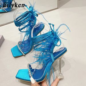 Eilyken Fashion Summer Summingone Feather Women Sandals Lace-Up Cross-Tied Gladiator Square Toe Toe Ladies High Heel Chaussures 240329