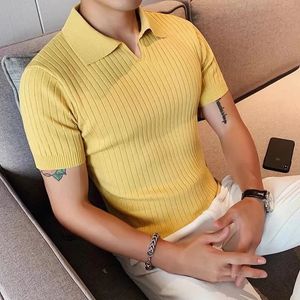 Elástico delgado transpirable punto sólido polo hombres manga corta camiseta verano moda ropa de gran tamaño negro blanco amarillo liso fresco 240223