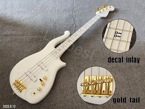 Bajo eléctrico de 4 cuerdas con forma de clavijero personalizado, piezas doradas, incrustaciones de impresión Deacal y marcas laterales, pintura de guitarra completa alta
