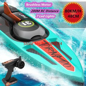 Bateaux électriques RC 80 km H sans balais RC hors-bord double couche étanche 48 cm 200 m bateau de course chavirer réinitialiser jouet adulte professionnel 230928