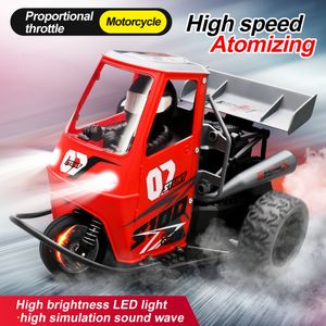 Voiture RC électrique RC 1 16 2 4G 25km h Télécommande Moto LED Lumières Spray Charbon Moteur Moteur Haute Vitesse Trois Roues Drift Cadeaux 230731