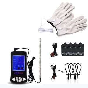 Kit de descarga eléctrica E-Stim Cock Ring Electro Sex Penis Plug Guantes Electro Estimulación Juguetes sexuales para parejas Juguetes eróticos Y18110801