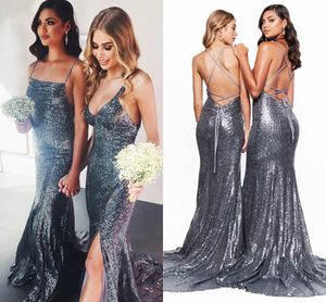 Gris brillante con lentejuelas sirena vestidos largos de dama de honor sin tirantes sexy sin respaldo lado dividido dama de honor vestido de fiesta de boda BM0941