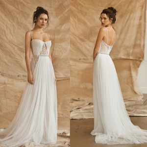 Robes De Mariée A-ligne Élégantes Spaghetti Doux Tulle Avec Perles Sans Manches Dos Nu Robe De Cour Sur Mesure Plus La Taille Robe De Mariée Robes De Novia