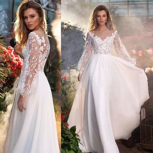 Vestidos de novia elegantes de una línea Sin tirantes Mangas largas Apliques con cuello en V Cuentas de lentejuelas Vestidos de novia por encargo Encaje Ttain Longitud de barrido Vestidos De Novia