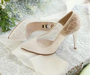 Elegante hermoso encaje de moda y piel de oveja estilo Simple 8,5 cm tacones altos zapatos de novia de boda NK050