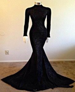 Élégant noir paillettes à manches longues sirène robe de soirée col haut modeste à manches longues Blingbling filles Pageant robes de bal formelle Pa8580261